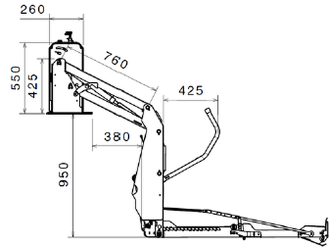 SENTOR lift yan görünüş montaj ölçüleri: 260, 550, 425, 760, 425, 380 ve 950 mm