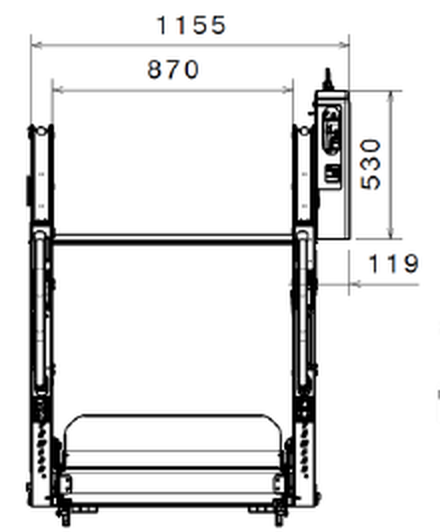 SENTOR lift kapalı konum ön görünüş, genişlik 1155 mm, iç genişlik 870 mm