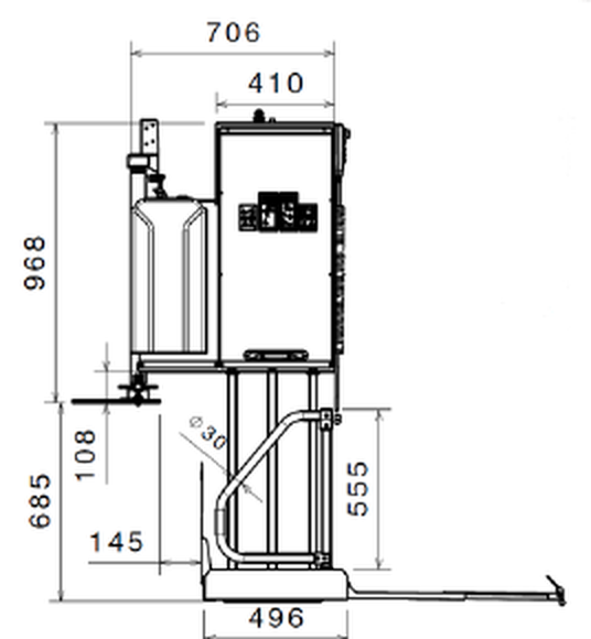 Grus lift kapalı konum yan görünüş: 706, 410, 968, 685, 555, 496 mm