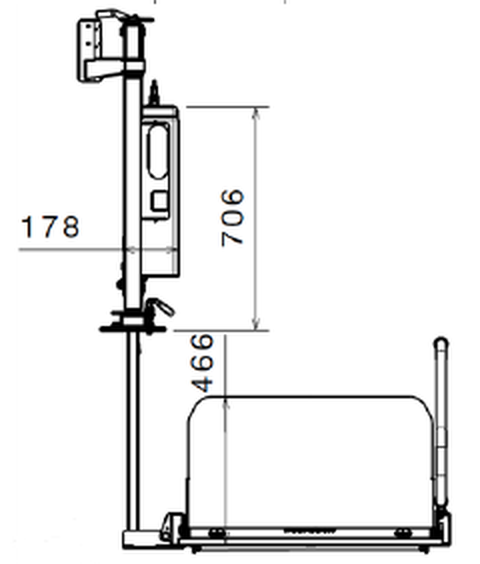Grus lift açık konum yan görünüş: 706, 466 ve 178 mm