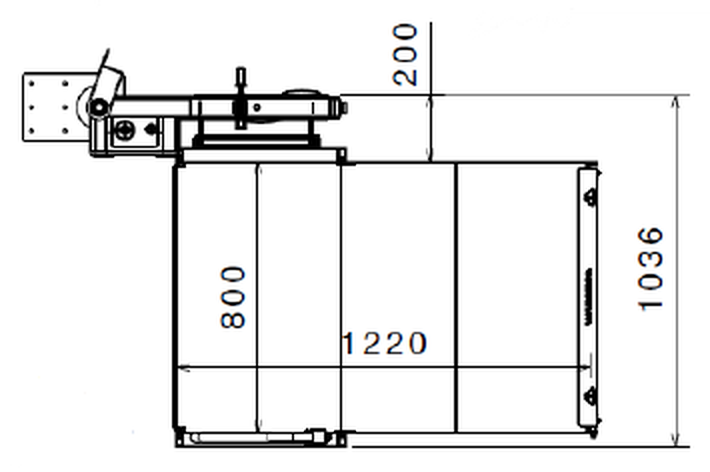 Grus lift üstten görünüş: platform 1220 × 800 mm, toplam 1036 mm